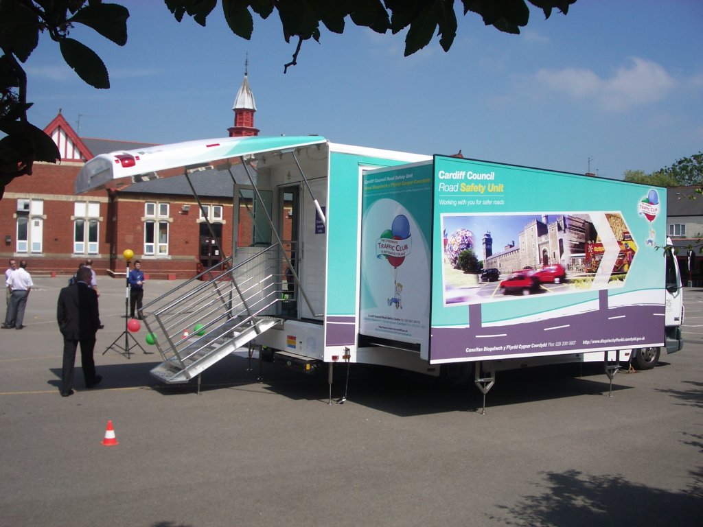 Cardiff Council Road Safety Mobile Information Unit showing extended hydraulic slideout and rear moulding
