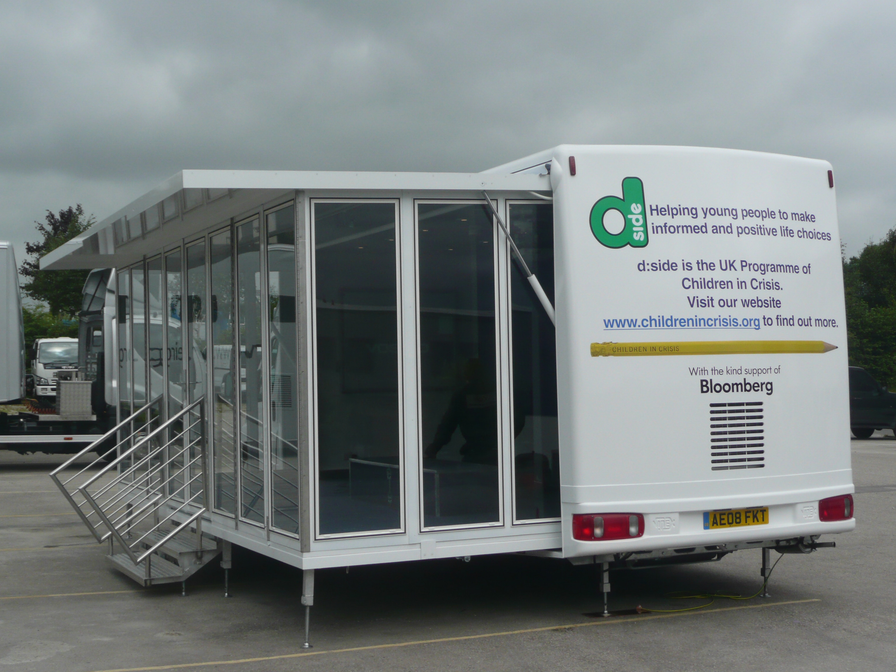 Children in Crisis mobile classroom rear nearside view deployed