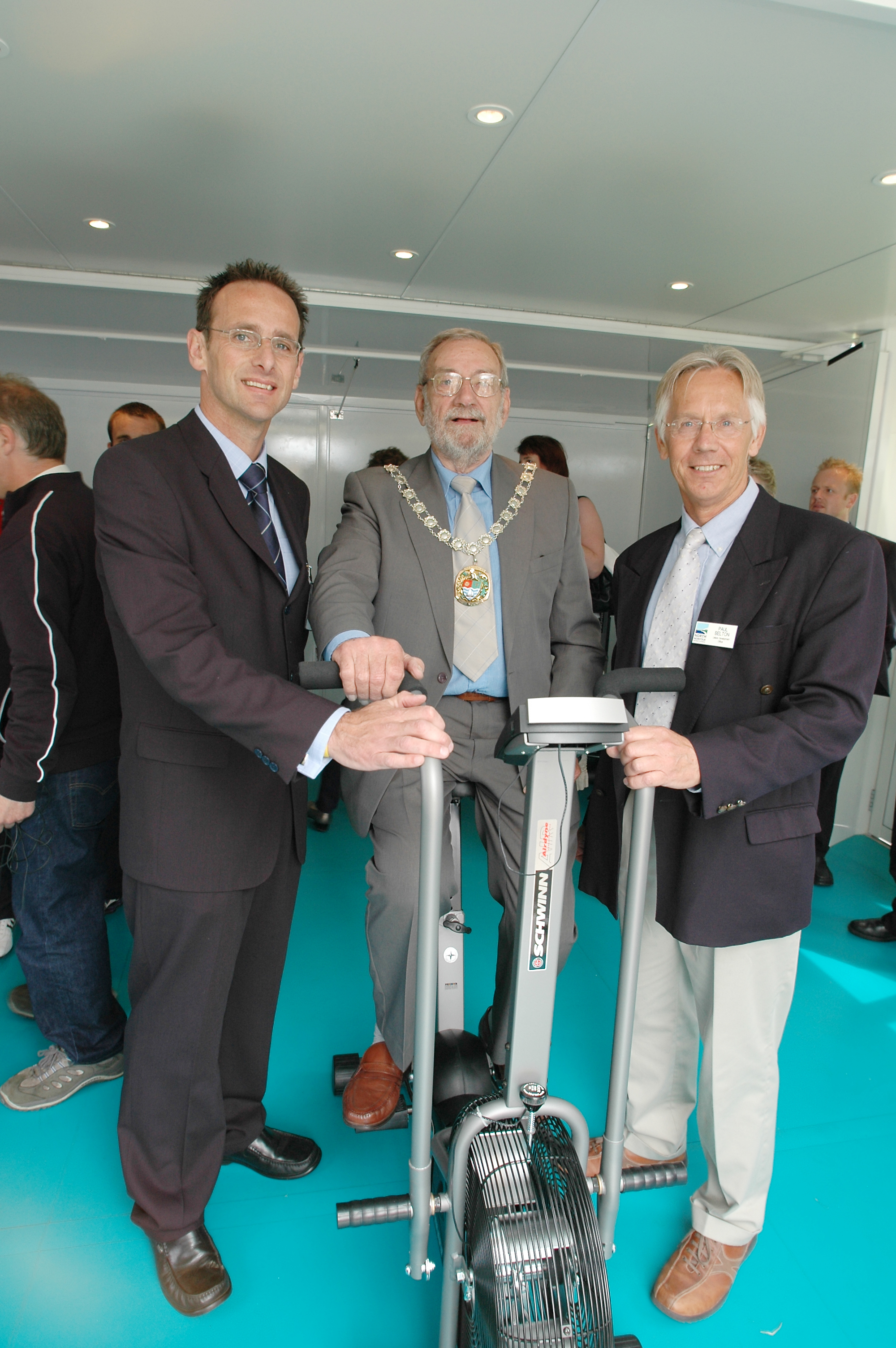Dignatories try out the mobile gym equipment on board the North Norfolk Mobile Gym