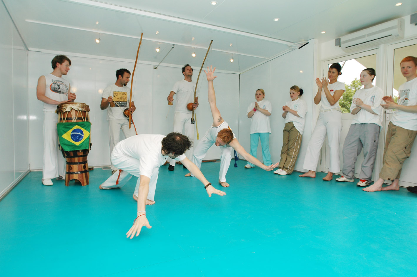 Gymnasts and performers show the verastility of the sprung dance floor on board the North Norfolk mobile wellbeing vehicle
