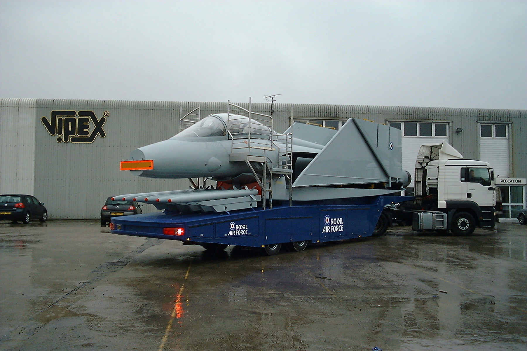 RAF Eurofighter packed up and leaving the factory not all the armament on the back an the hydraulically folded wings