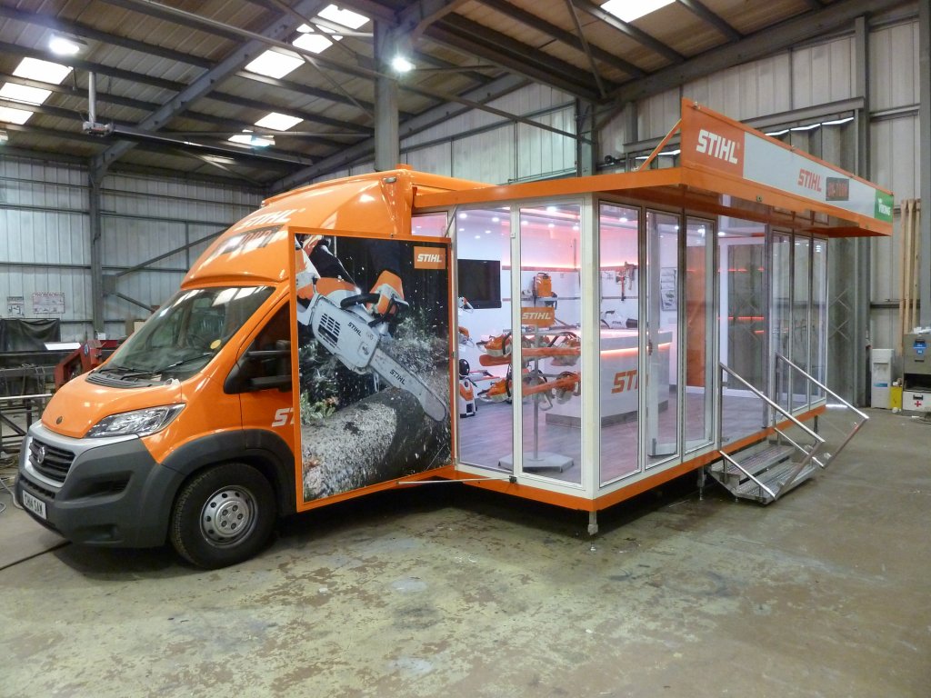 Stihl exhibition unit deployed on show side threequarter view